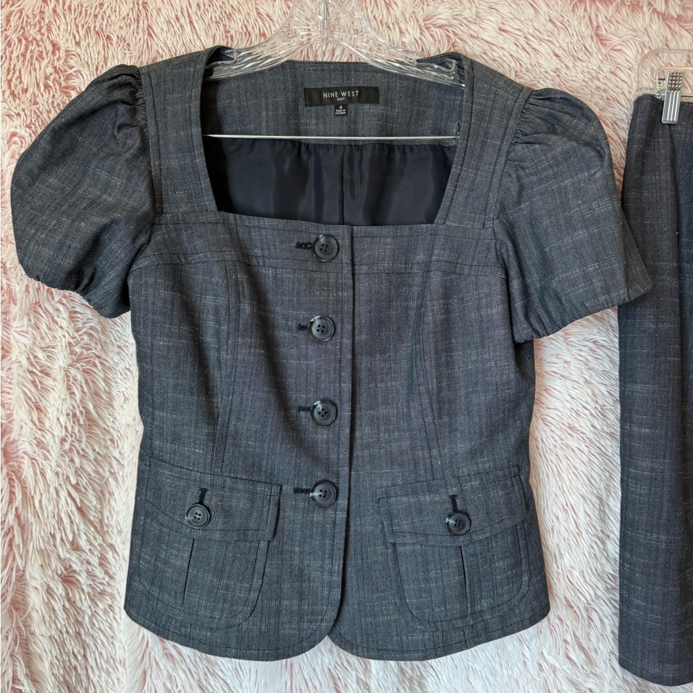 Nine West Charcoal Gray Puff Sleeve Button Blazer Suit